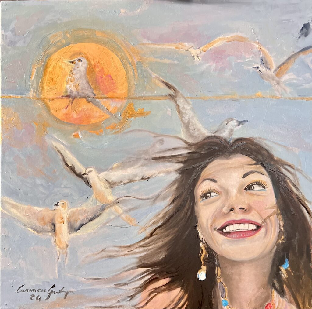 Free flight

“E sul tuo volto il sorriso è radioso
Più chiaro assai delle nubi più chiare
Allora io corro dove sei
Dove mi pensi e dove mi attendi.”

Marc Chagall

Olio su tela 60 x 60